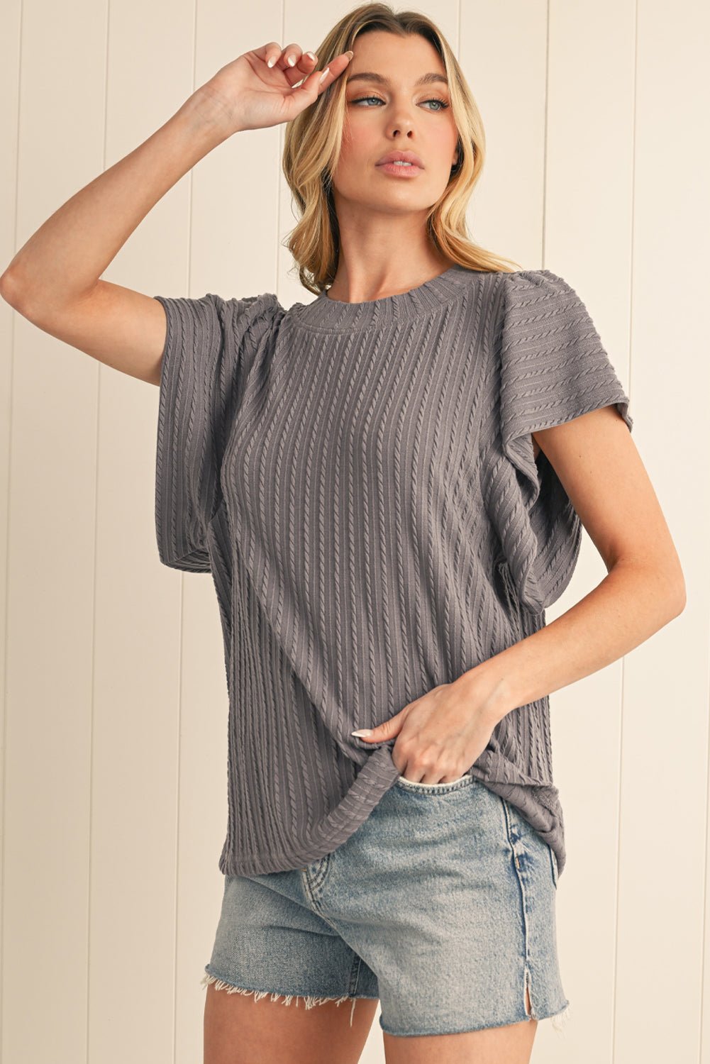 Sleet Solid Color Textured Ruffle Short Sleeve Knit Top - MAD RUFFI