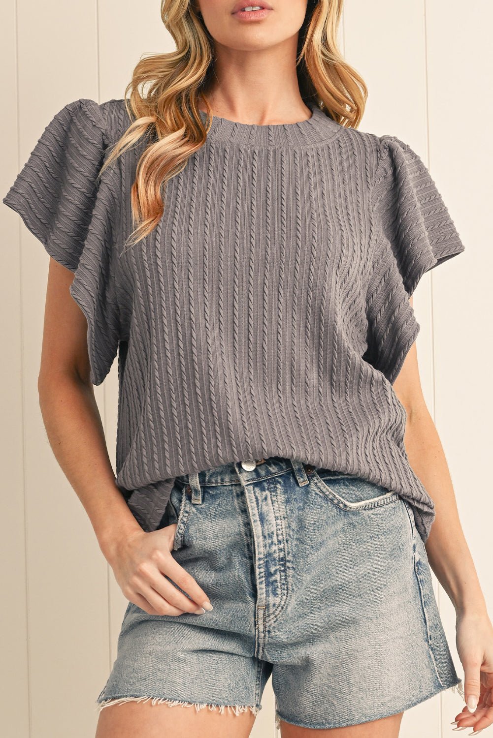 Sleet Solid Color Textured Ruffle Short Sleeve Knit Top - MAD RUFFI