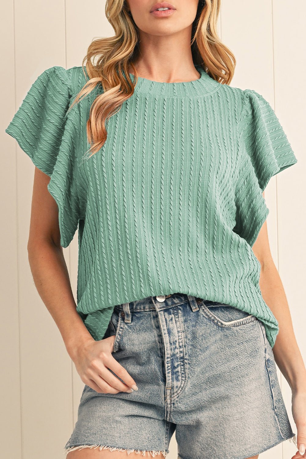 Sleet Solid Color Textured Ruffle Short Sleeve Knit Top - MAD RUFFI