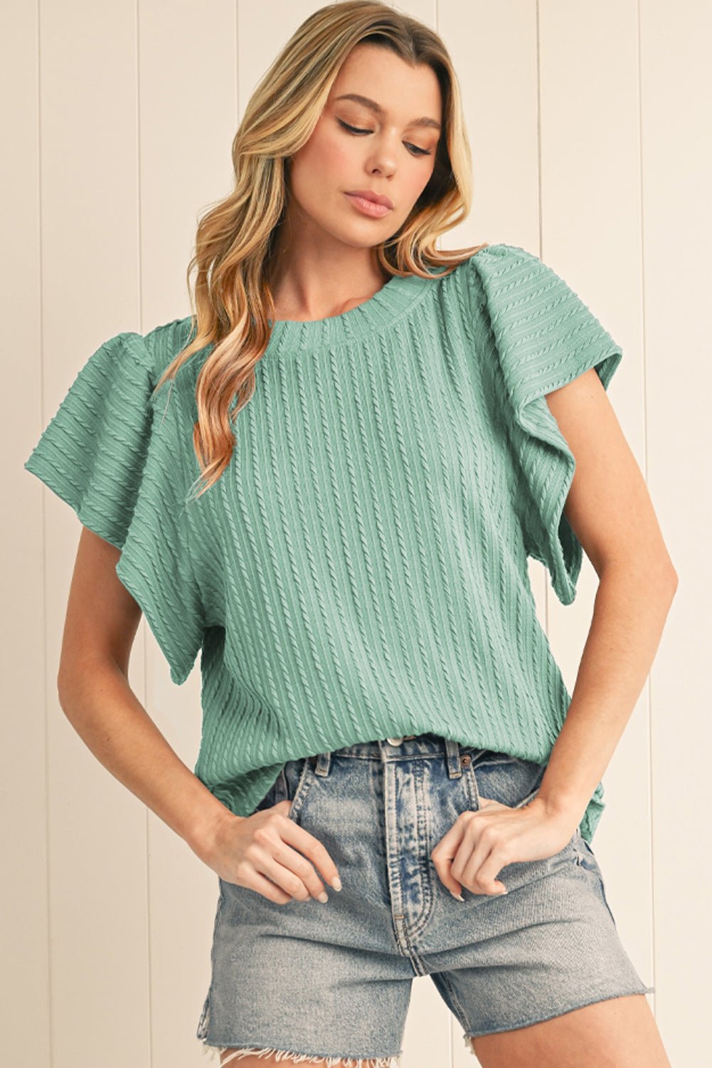 Sleet Solid Color Textured Ruffle Short Sleeve Knit Top - MAD RUFFI