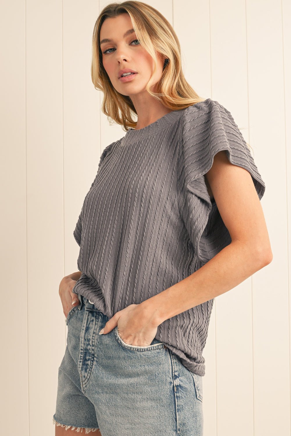 Sleet Solid Color Textured Ruffle Short Sleeve Knit Top - MAD RUFFI