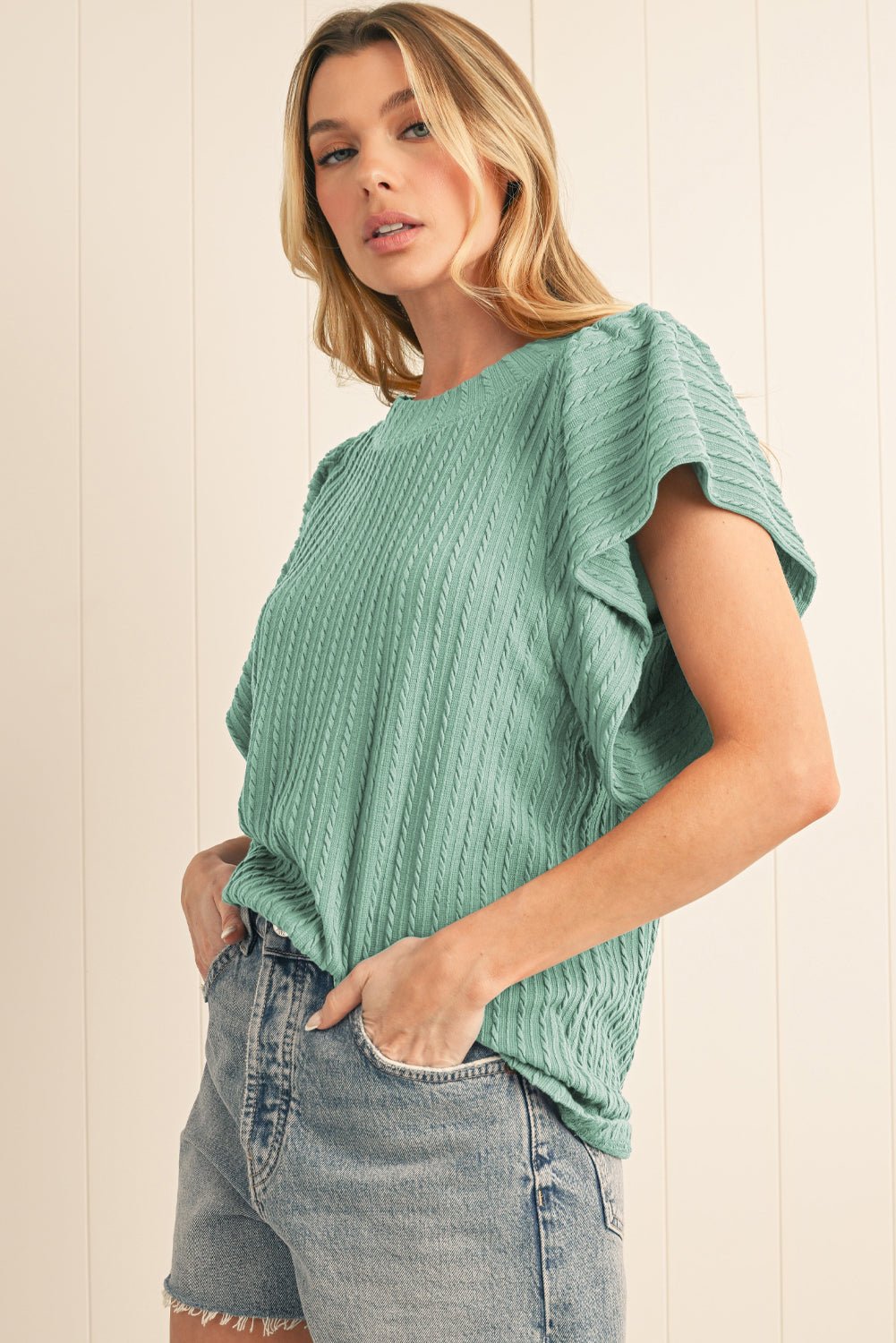 Sleet Solid Color Textured Ruffle Short Sleeve Knit Top - MAD RUFFI