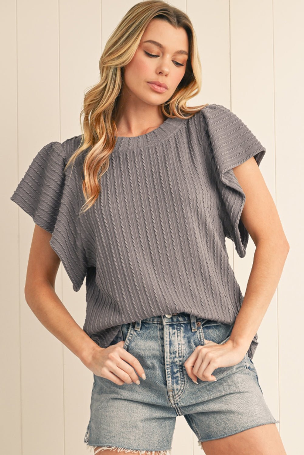 Sleet Solid Color Textured Ruffle Short Sleeve Knit Top - MAD RUFFI