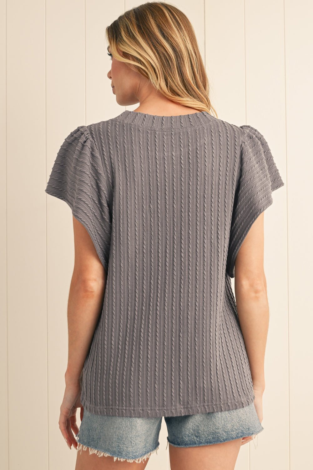 Sleet Solid Color Textured Ruffle Short Sleeve Knit Top - MAD RUFFI