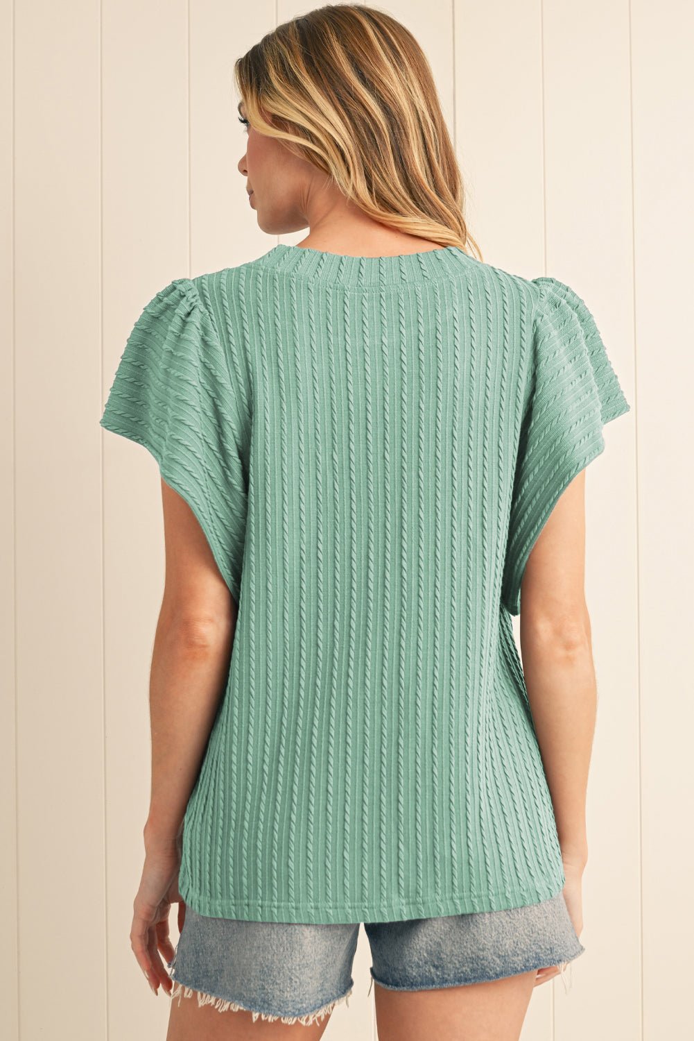 Sleet Solid Color Textured Ruffle Short Sleeve Knit Top - MAD RUFFI