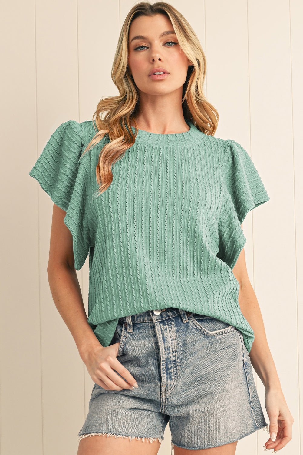 Sleet Solid Color Textured Ruffle Short Sleeve Knit Top - MAD RUFFI