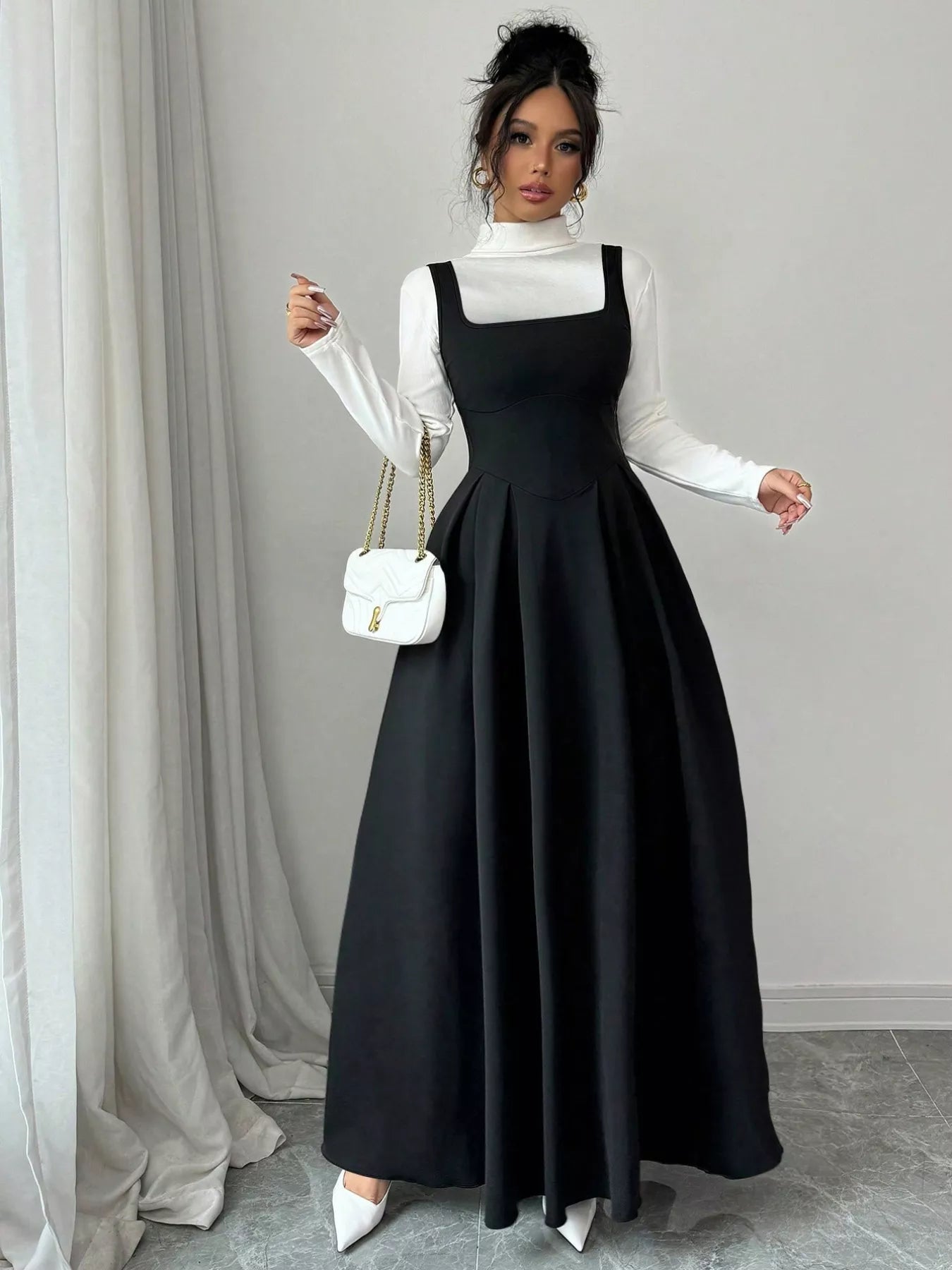 Sleeveless A - Line Maxi Dress with Square Neckline - MAD RUFFI