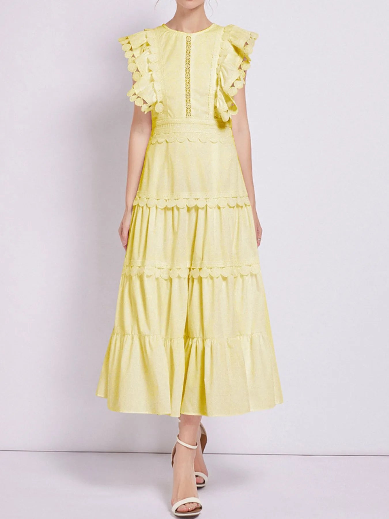 Sleeveless Ruffled Tiered Dress with Embroidered Trim - MAD RUFFI
