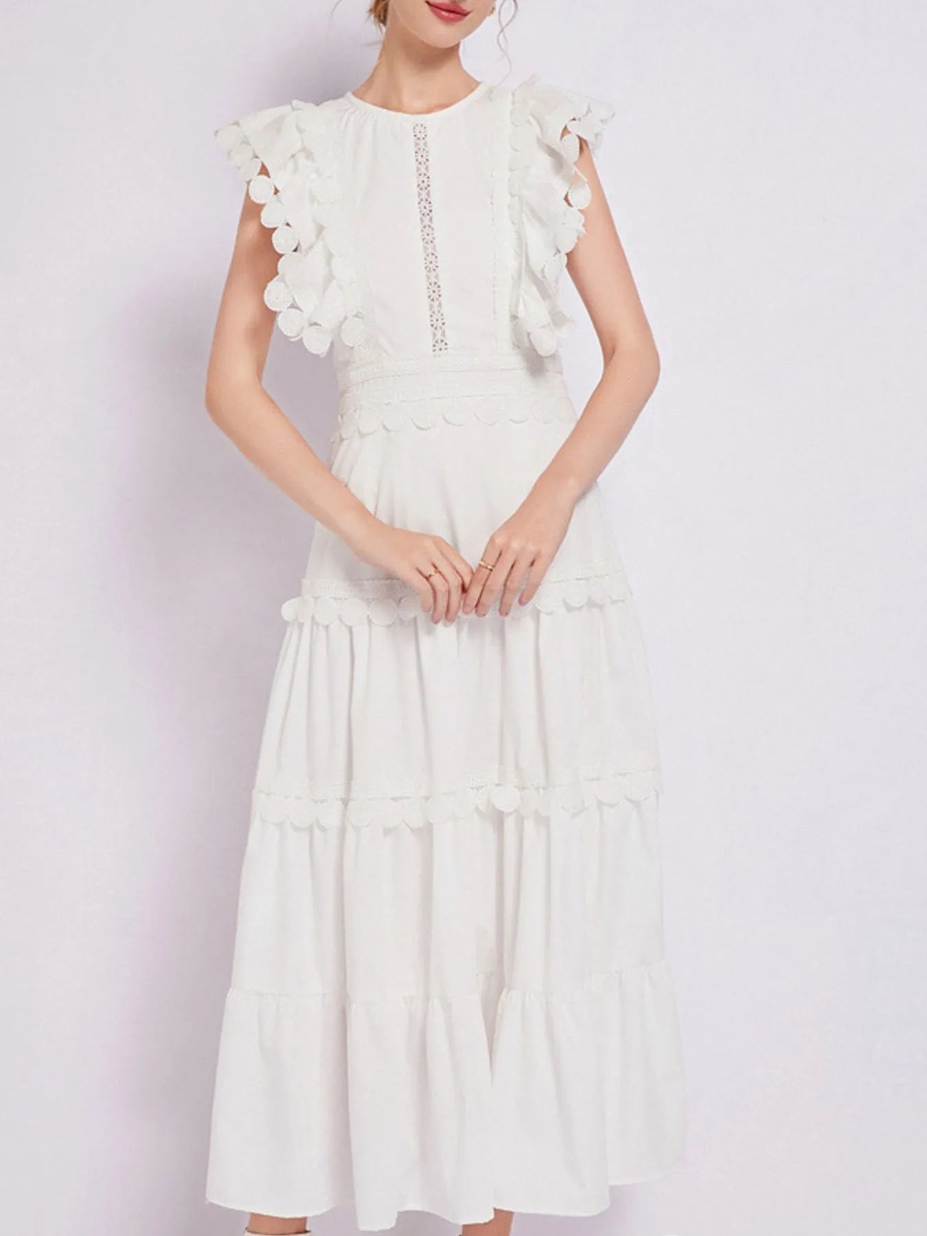 Sleeveless Ruffled Tiered Dress with Embroidered Trim - MAD RUFFI