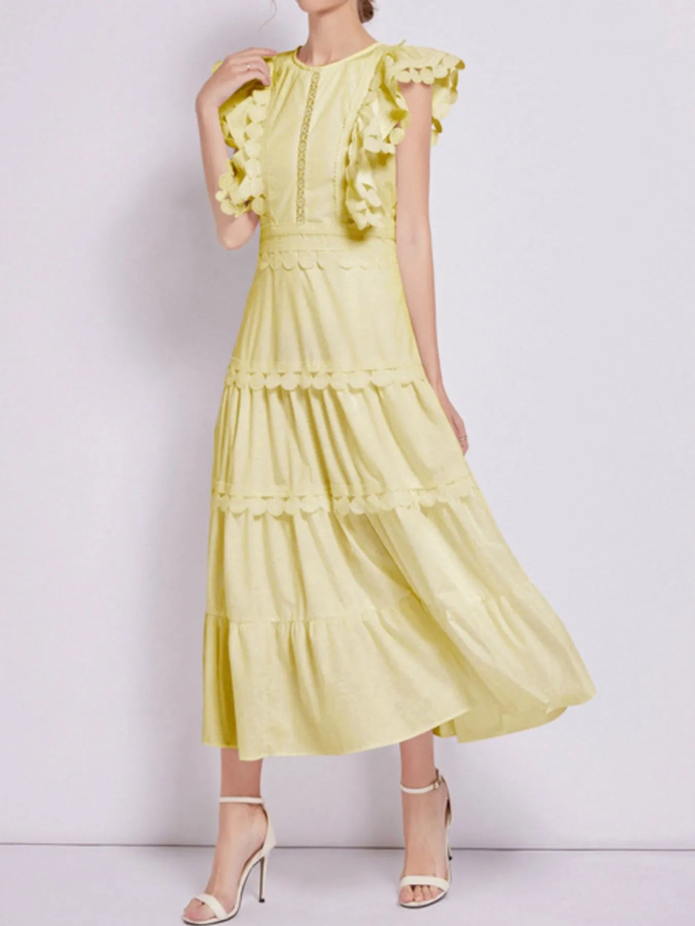 Sleeveless Ruffled Tiered Dress with Embroidered Trim - MAD RUFFI