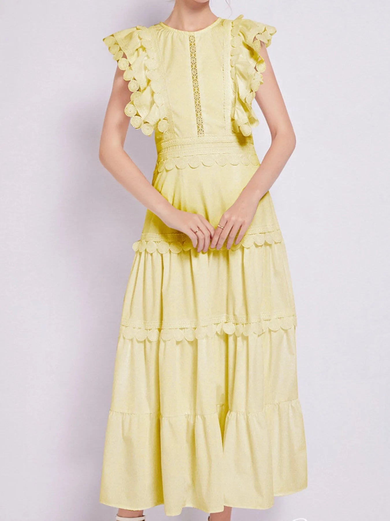 Sleeveless Ruffled Tiered Dress with Embroidered Trim - MAD RUFFI