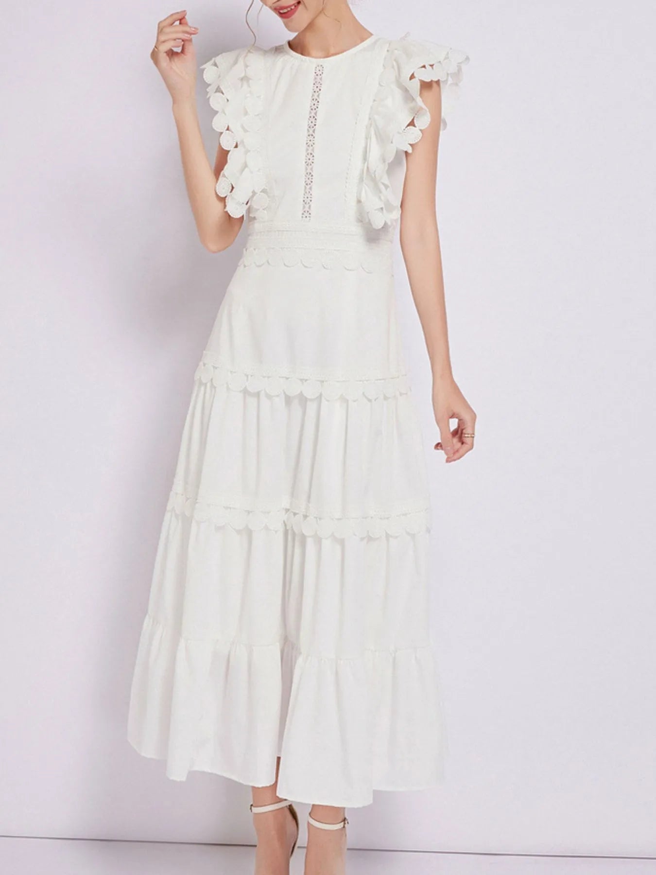 Sleeveless Ruffled Tiered Dress with Embroidered Trim - MAD RUFFI