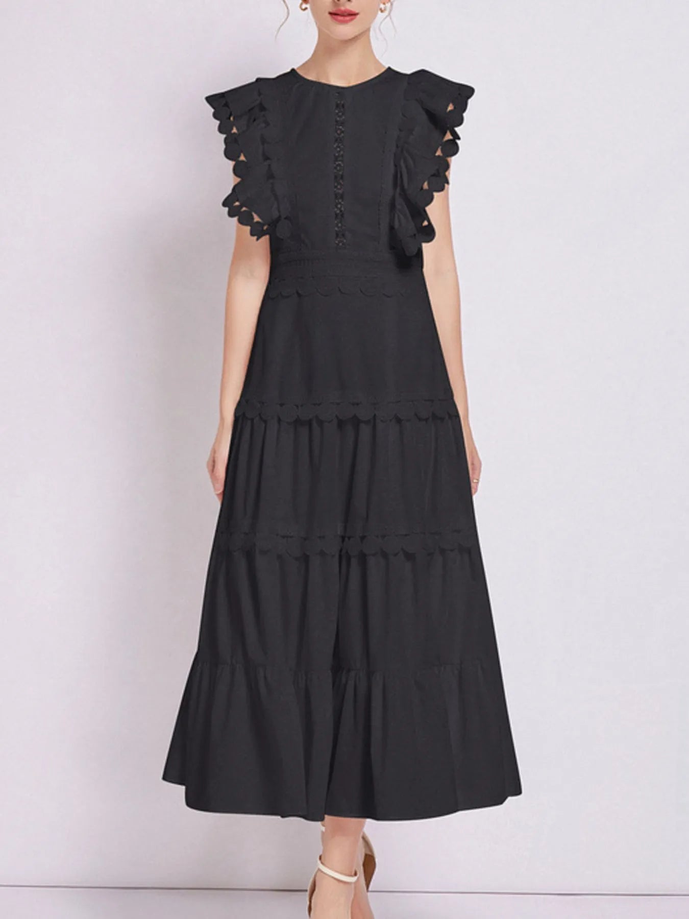 Sleeveless Ruffled Tiered Dress with Embroidered Trim - MAD RUFFI