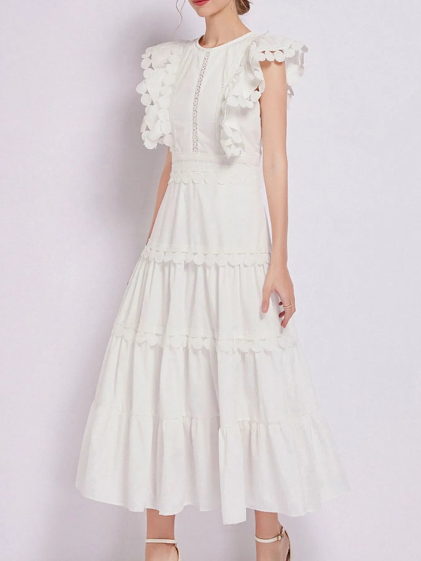 Sleeveless Ruffled Tiered Dress with Embroidered Trim - MAD RUFFI