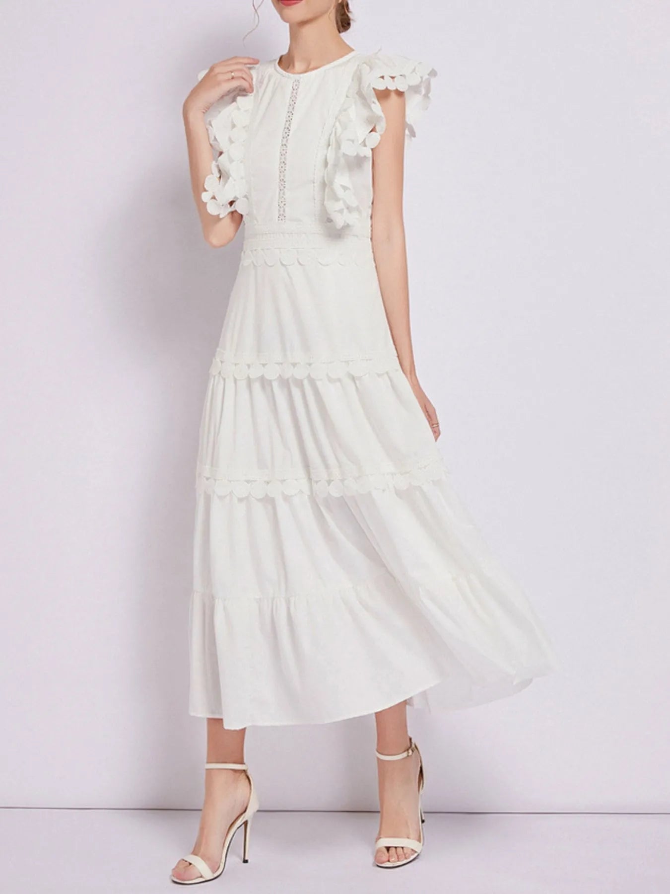 Sleeveless Ruffled Tiered Dress with Embroidered Trim - MAD RUFFI