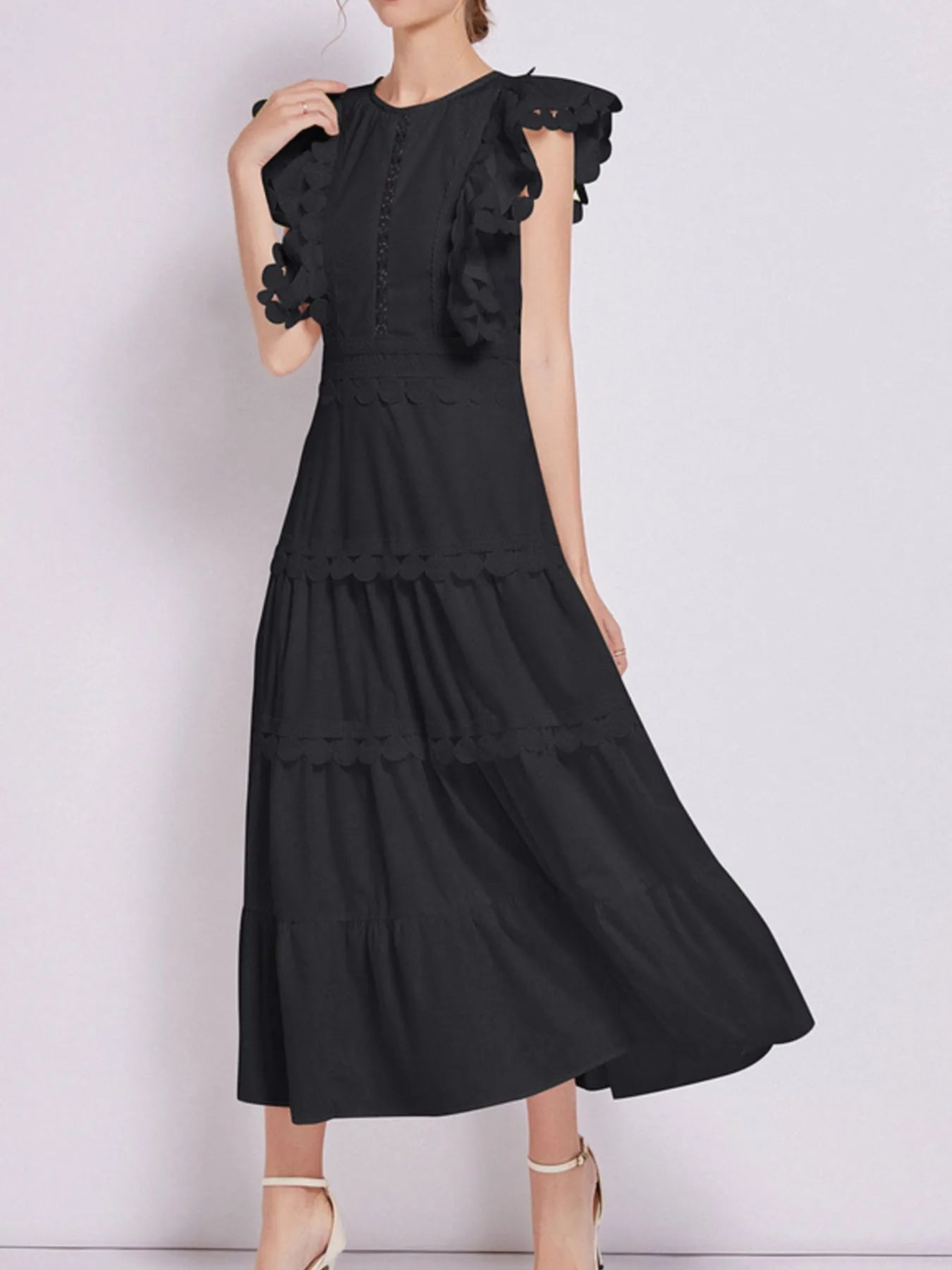 Sleeveless Ruffled Tiered Dress with Embroidered Trim - MAD RUFFI