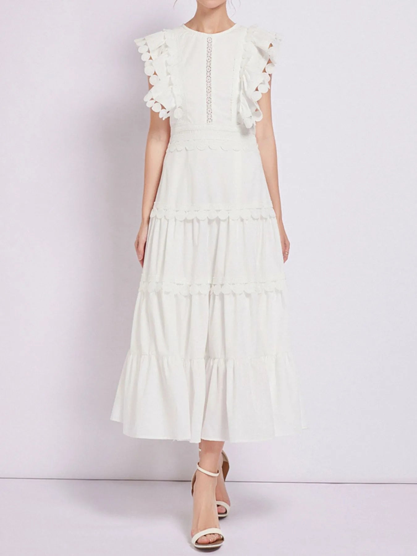 Sleeveless Ruffled Tiered Dress with Embroidered Trim - MAD RUFFI