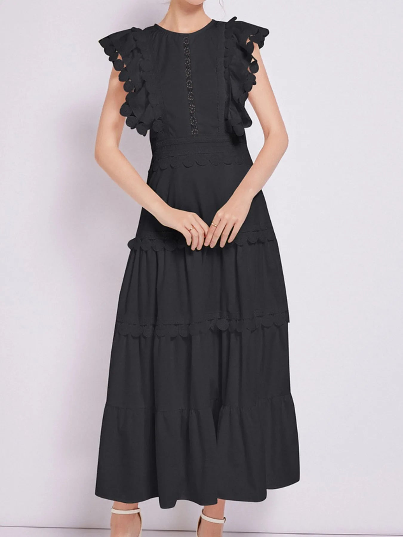 Sleeveless Ruffled Tiered Dress with Embroidered Trim - MAD RUFFI