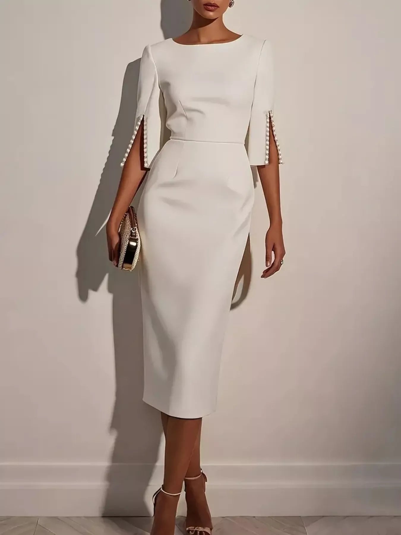 Slim - Fit Elegant Midi Dress with Beaded Slit Sleeve - MAD RUFFI