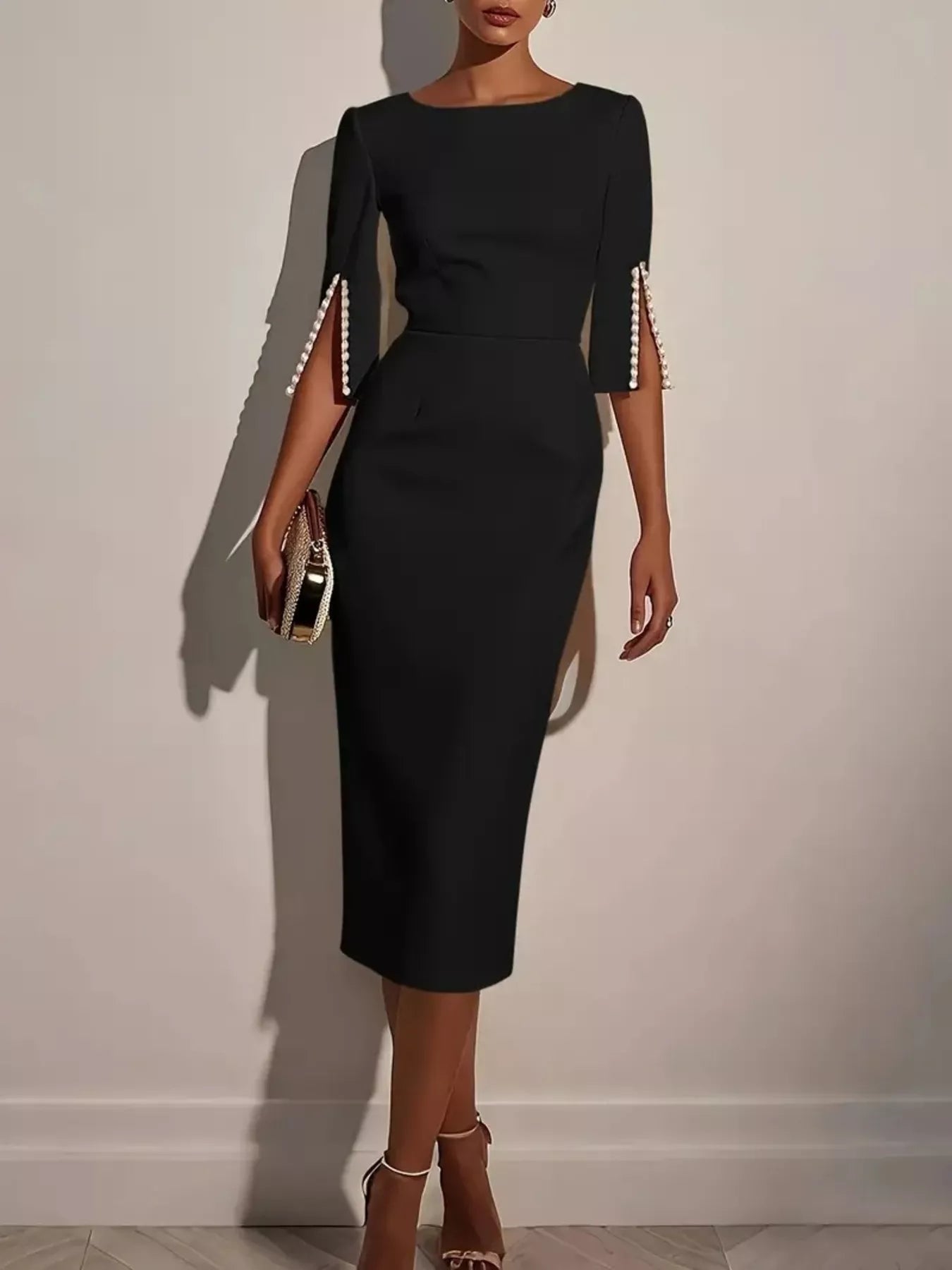 Slim - Fit Elegant Midi Dress with Beaded Slit Sleeve - MAD RUFFI