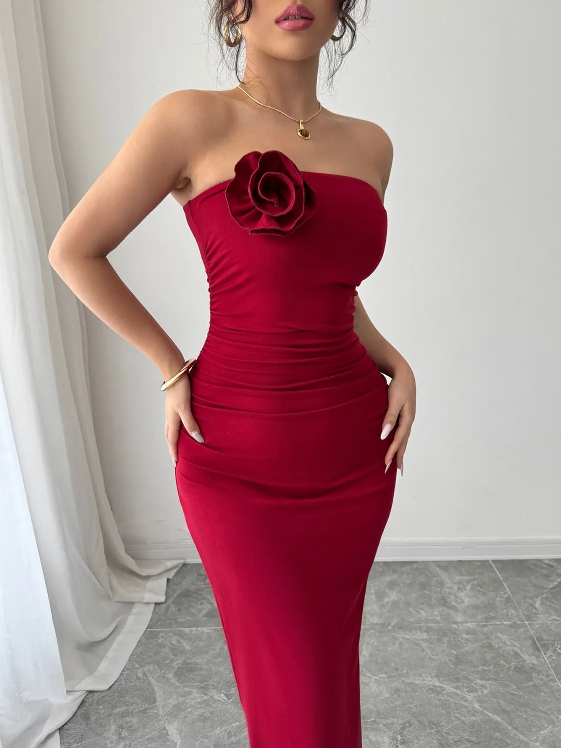 Slit Back Flower Tube Midi Dress - MAD RUFFI