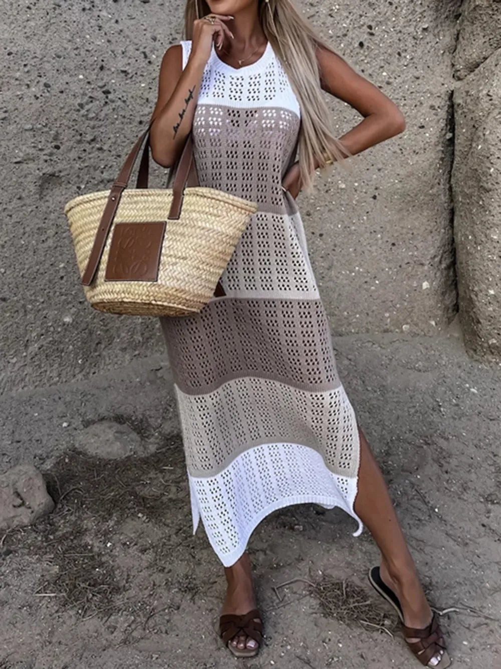 Slit Color Block Wide Strap Cover Up - MAD RUFFI