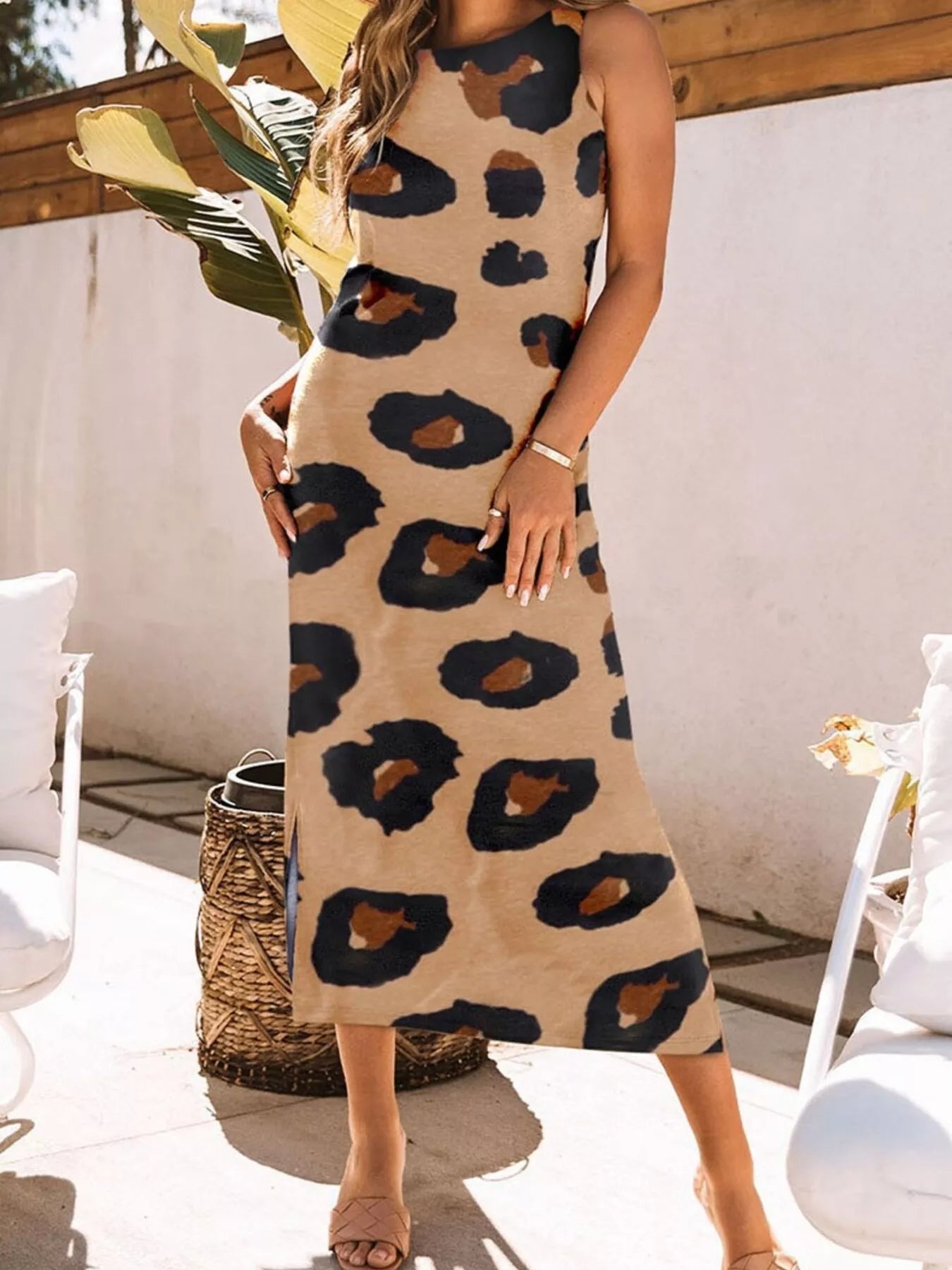 Slit Leopard Sleeveless Maxi Dress - MAD RUFFI