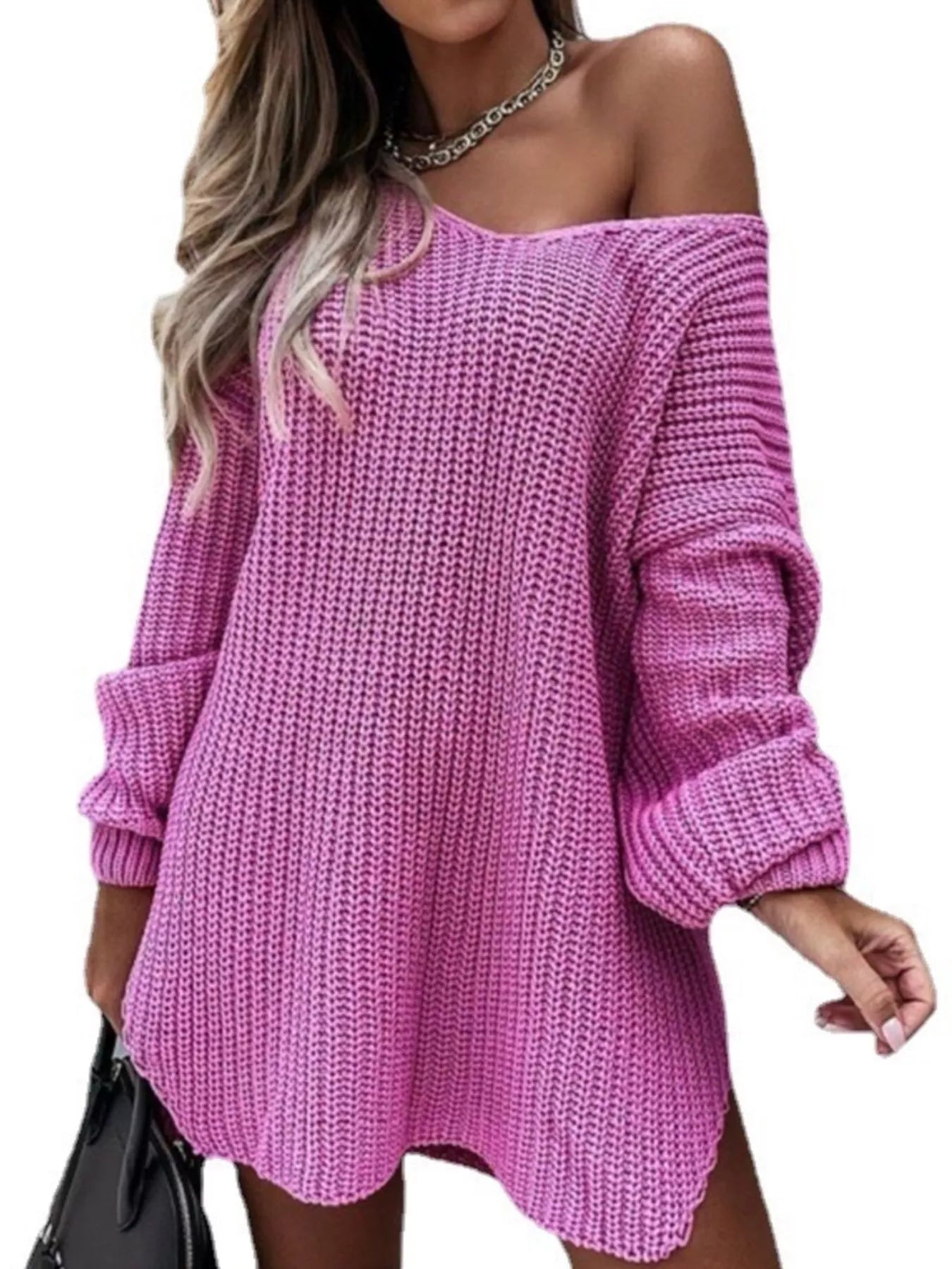 Slit Long Sleeve Sweater Dress - MAD RUFFI