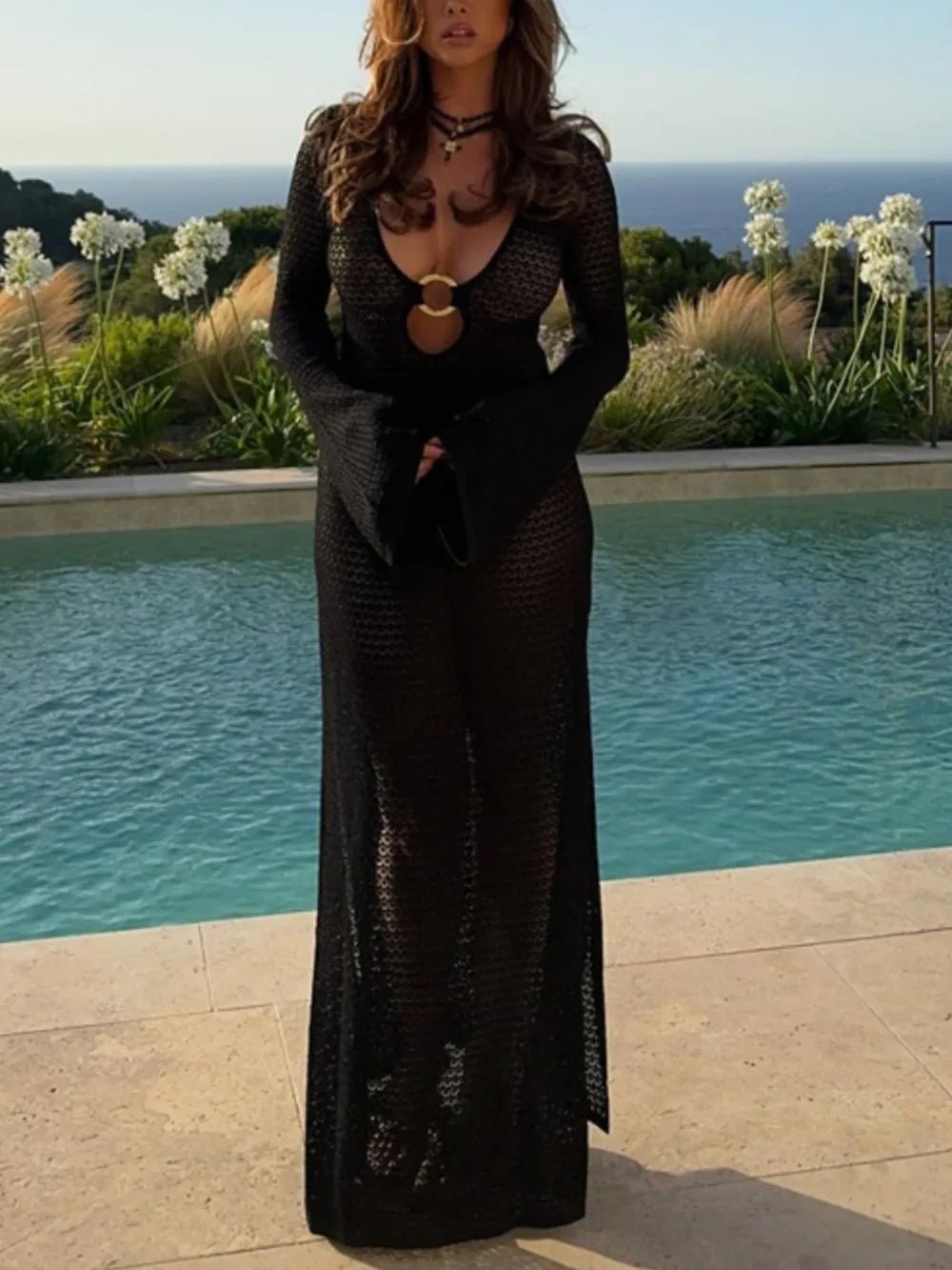 Slit Plunge Flare Sleeve Cover - Up Dress - MAD RUFFI