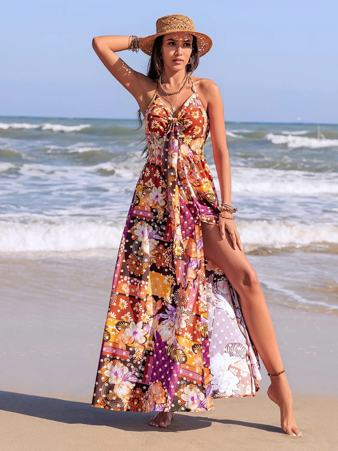 Slit Printed Halter Neck Cami Dress - MAD RUFFI