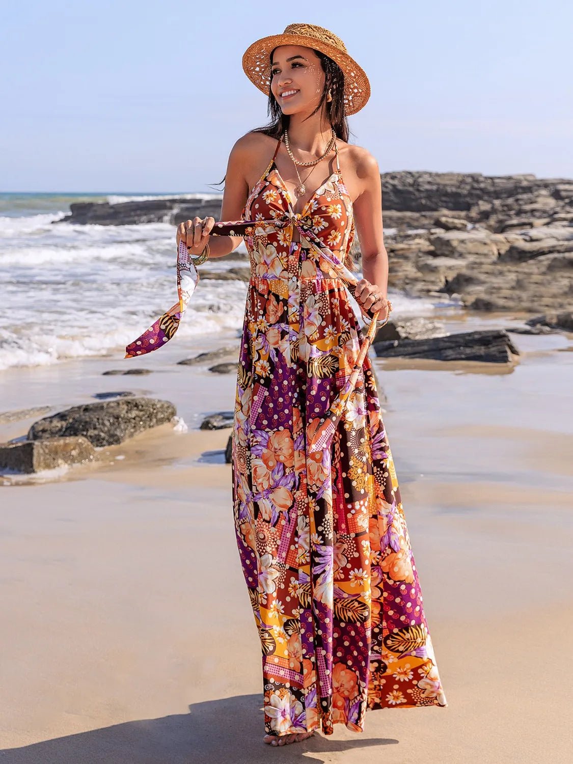 Slit Printed Halter Neck Cami Dress - MAD RUFFI