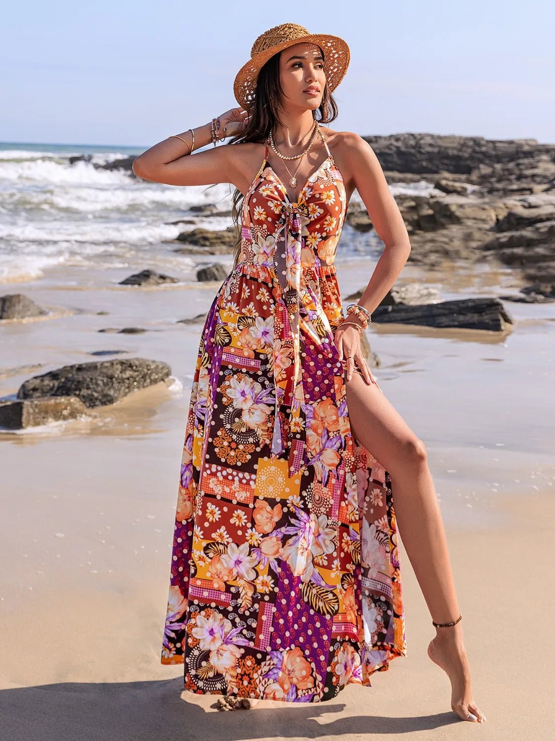 Slit Printed Halter Neck Cami Dress - MAD RUFFI