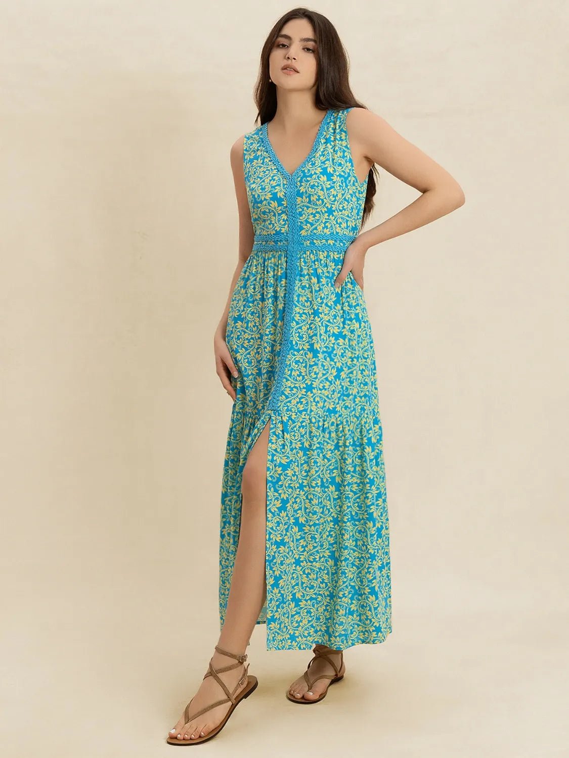Slit Printed V - Neck Sleeveless Dress - MAD RUFFI