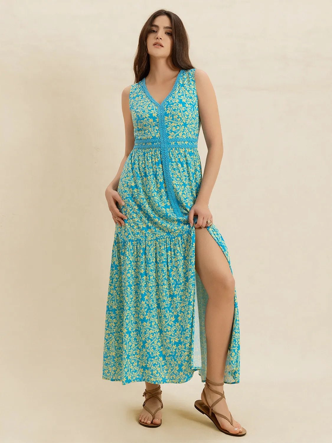 Slit Printed V - Neck Sleeveless Dress - MAD RUFFI