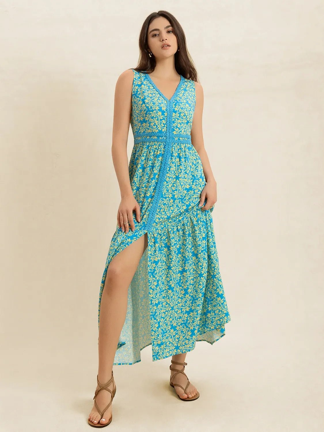 Slit Printed V - Neck Sleeveless Dress - MAD RUFFI