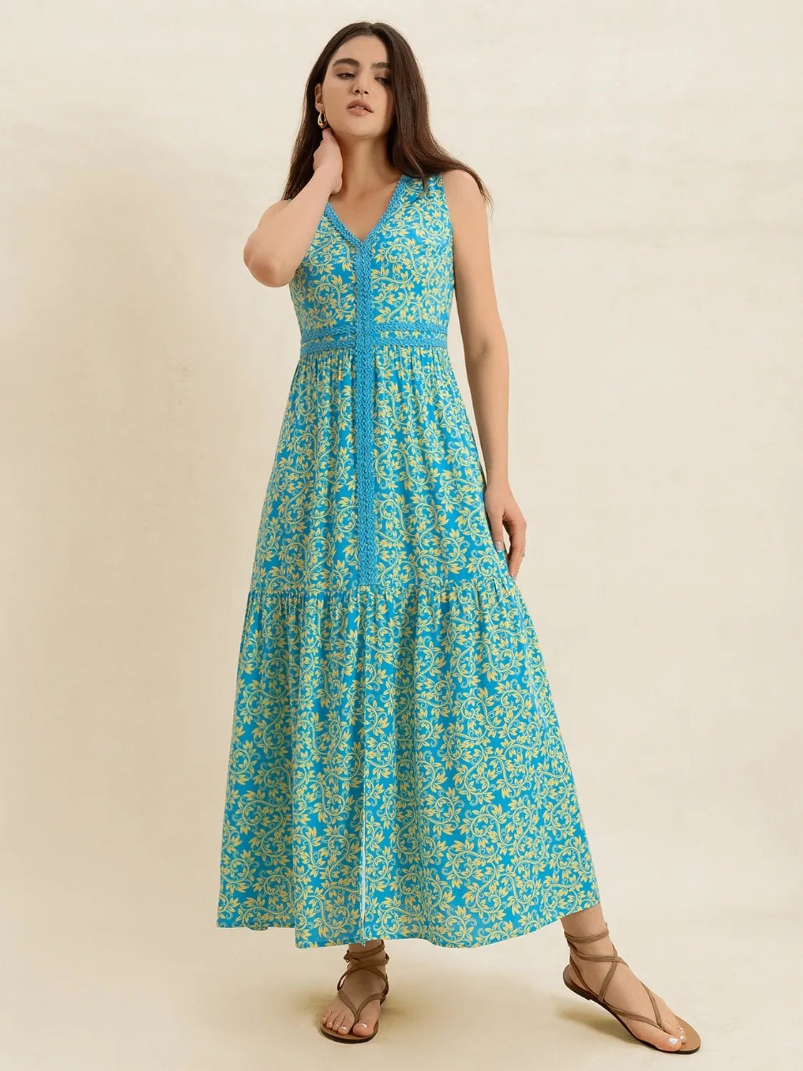 Slit Printed V - Neck Sleeveless Dress - MAD RUFFI