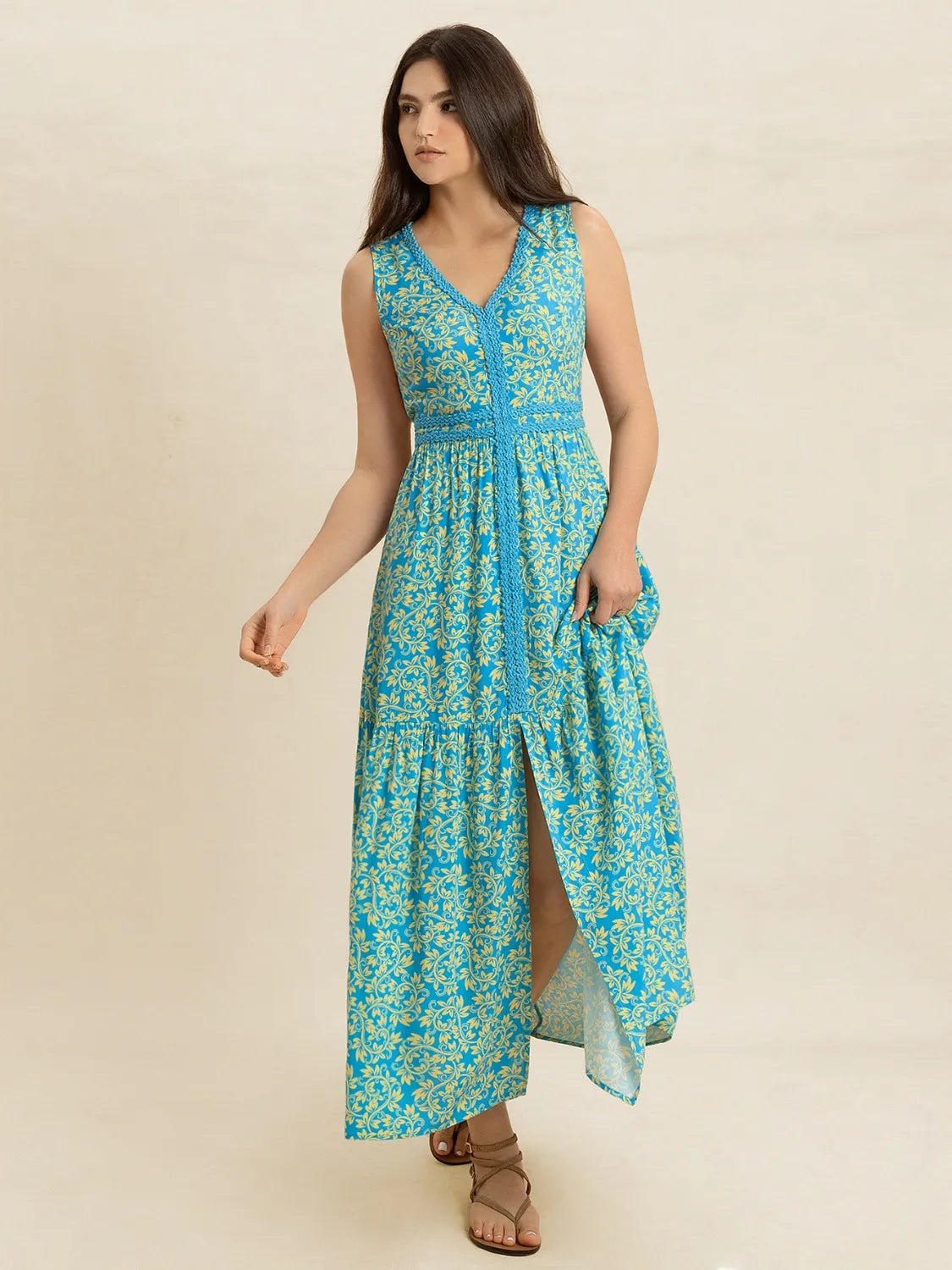 Slit Printed V - Neck Sleeveless Dress - MAD RUFFI