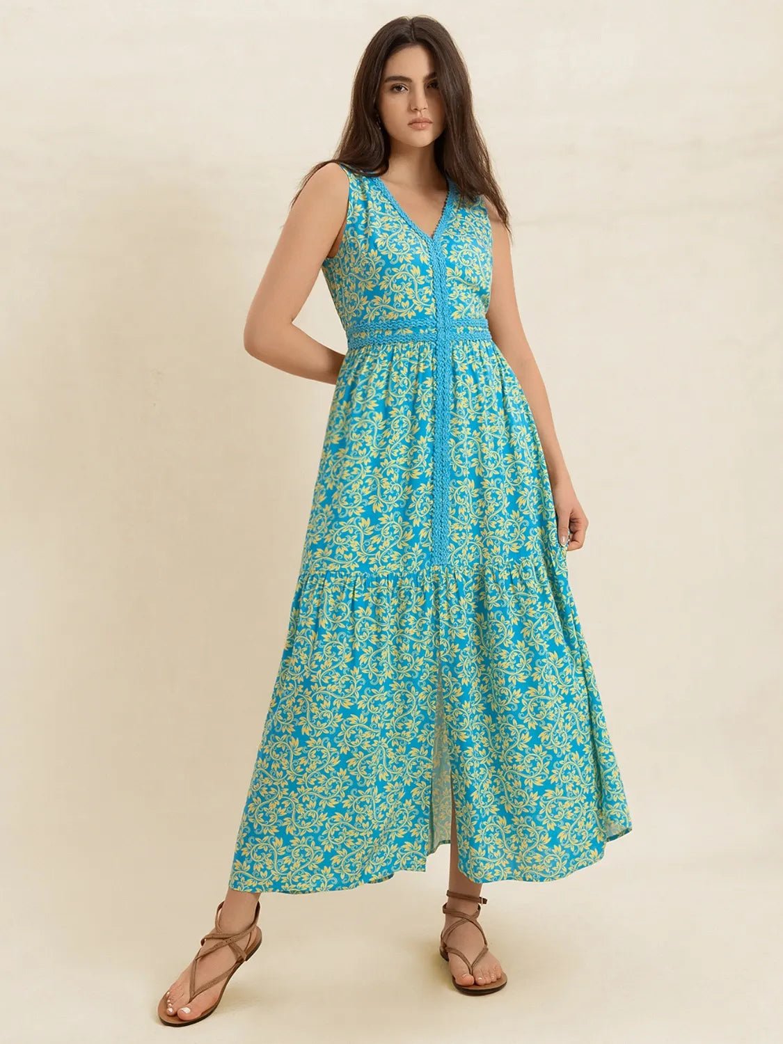 Slit Printed V - Neck Sleeveless Dress - MAD RUFFI