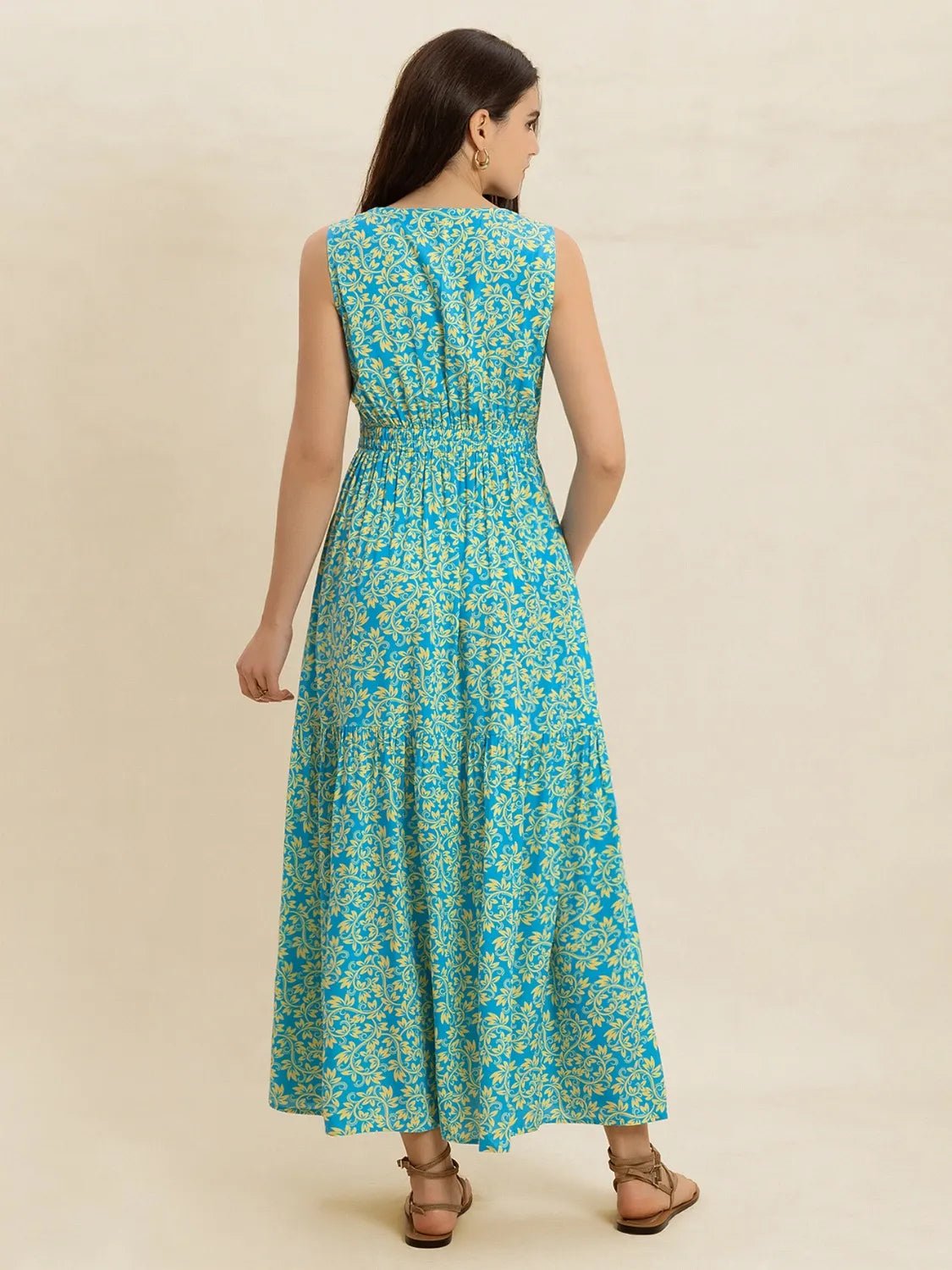 Slit Printed V - Neck Sleeveless Dress - MAD RUFFI