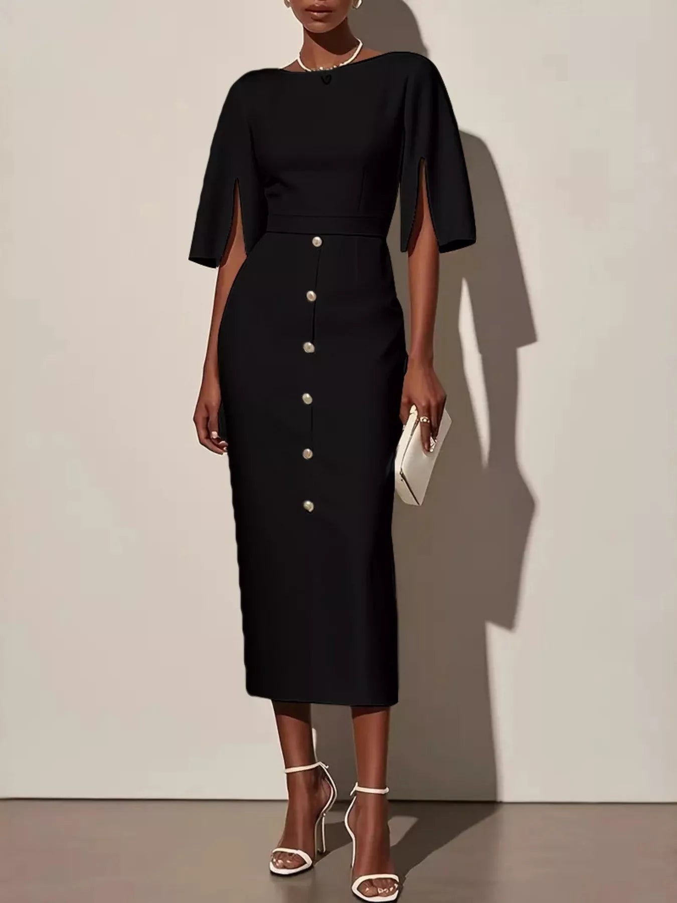 Slit Sleeve Midi Dress with Decorative Button - MAD RUFFI