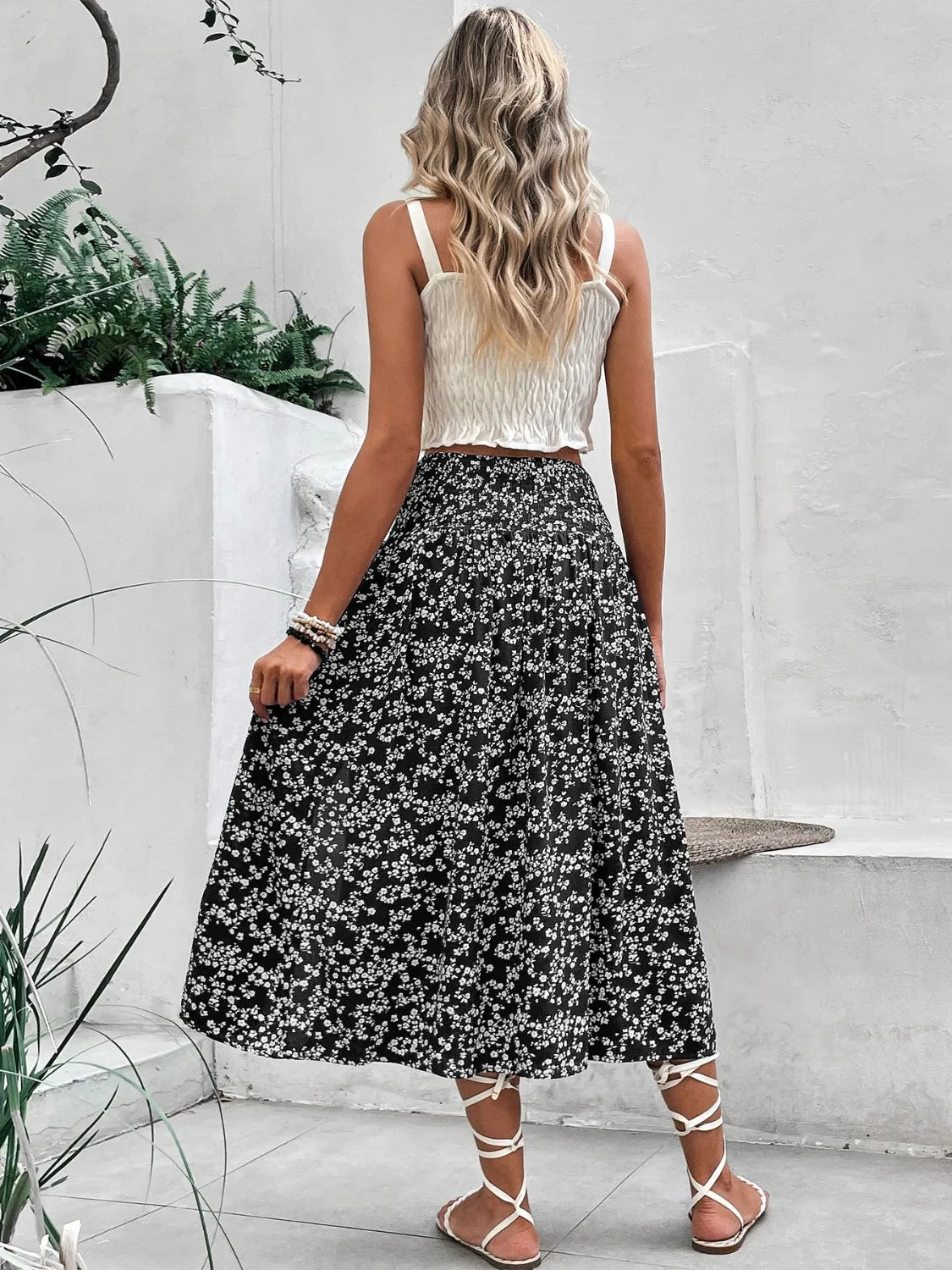 Slit Smocked Printed Skirt - MAD RUFFI