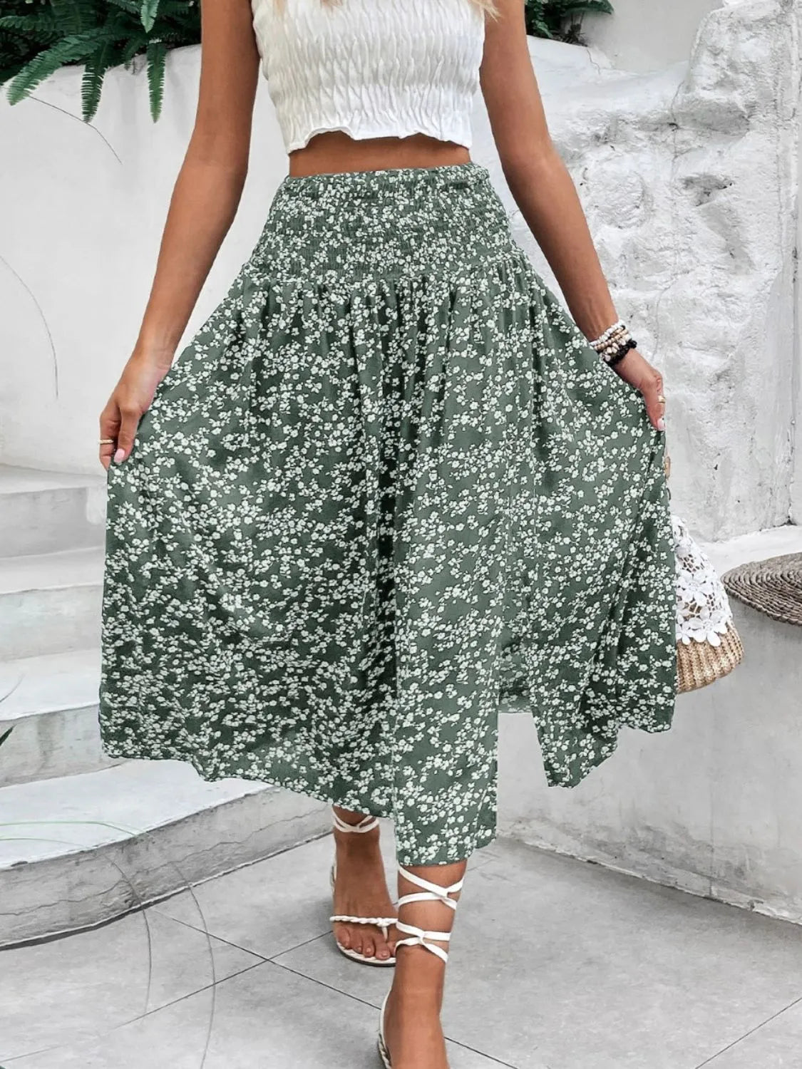 Slit Smocked Printed Skirt - MAD RUFFI