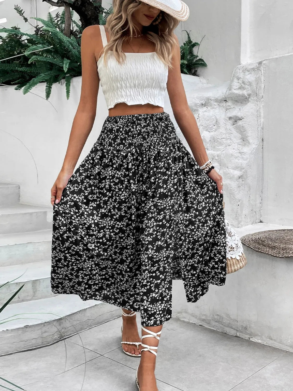 Slit Smocked Printed Skirt - MAD RUFFI