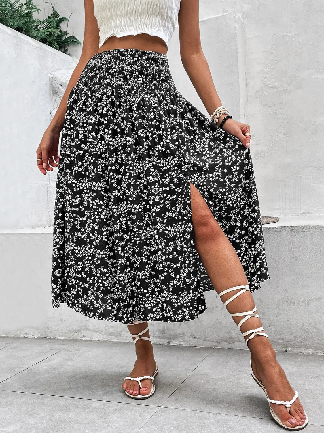 Slit Smocked Printed Skirt - MAD RUFFI