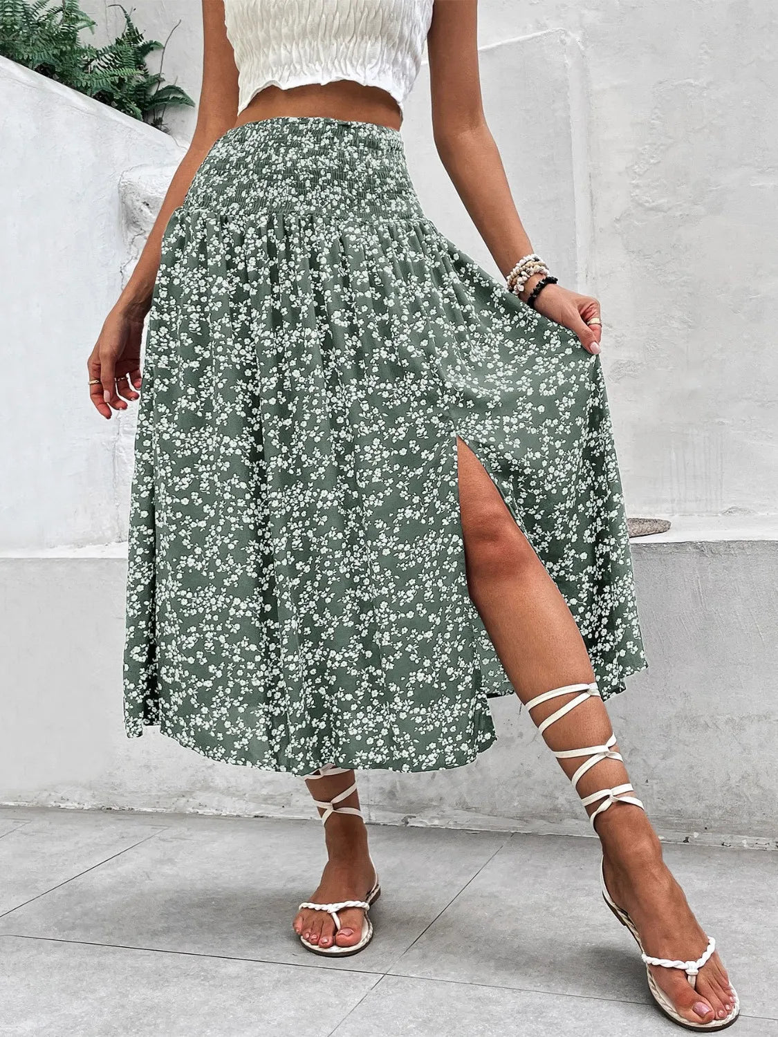 Slit Smocked Printed Skirt - MAD RUFFI