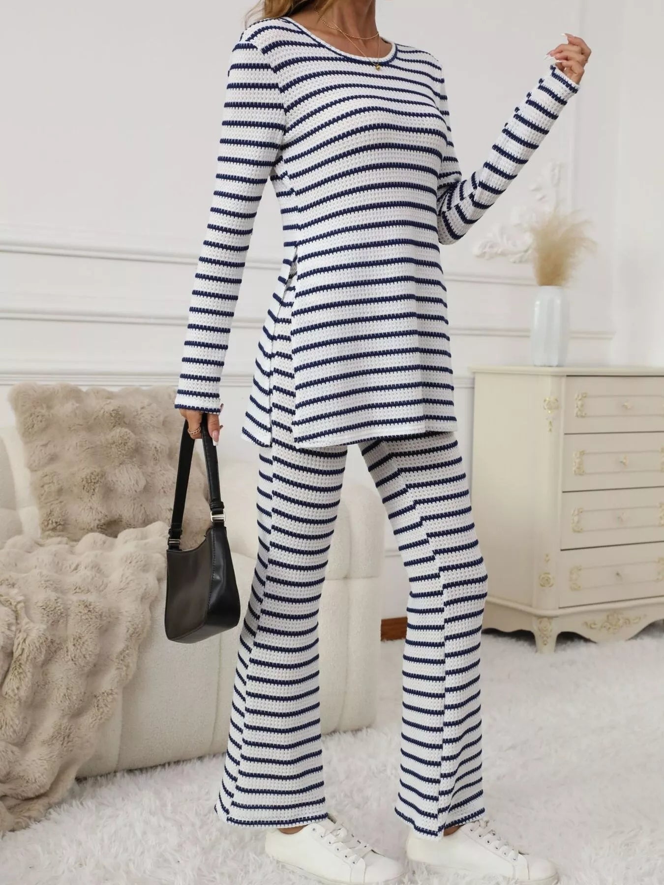 Slit Striped Long Sleeve Top and Pants Set - MAD RUFFI