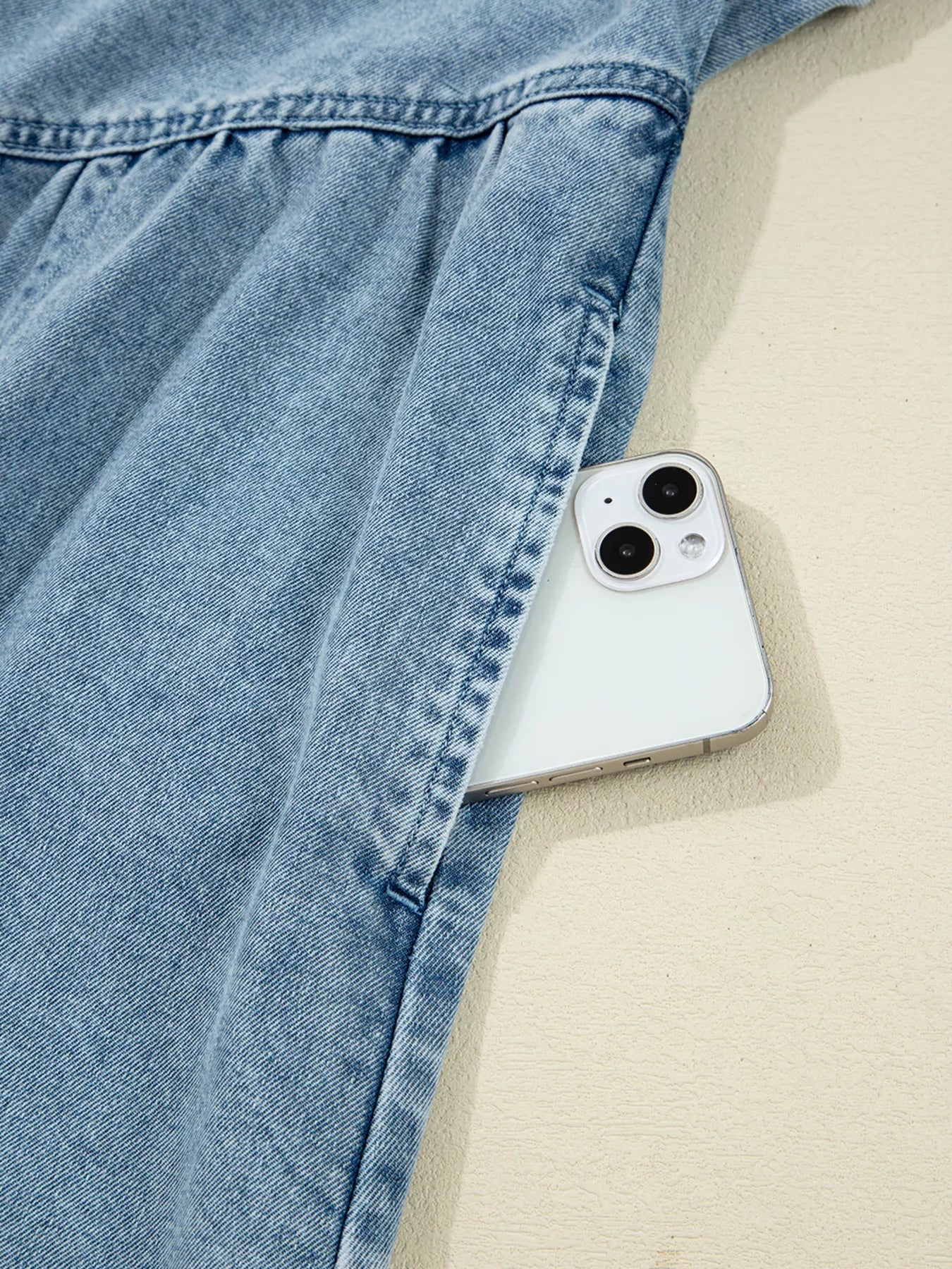 Smocked Cuffs Flared Denim Shirt Mini Dress - MAD RUFFI