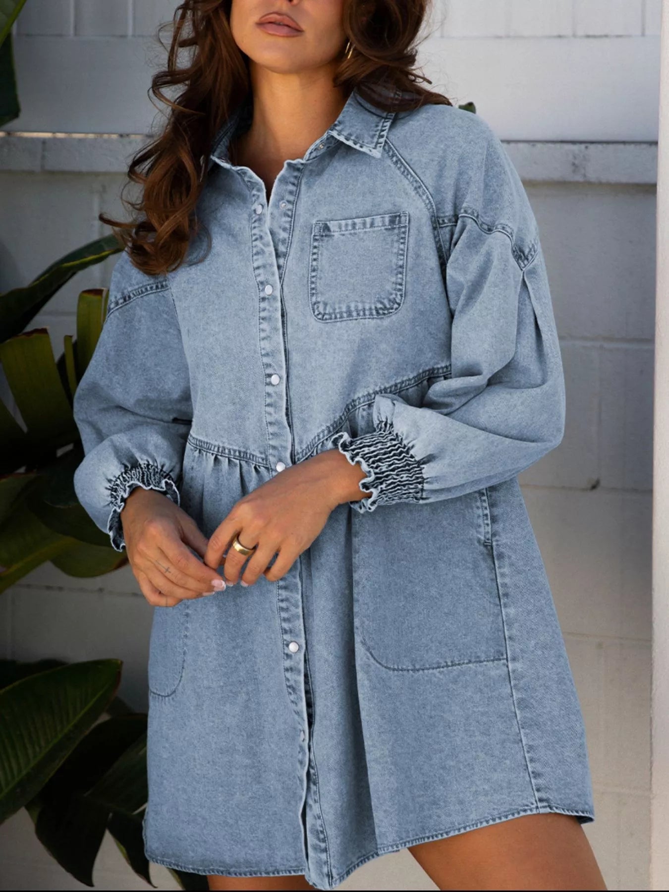 Smocked Cuffs Flared Denim Shirt Mini Dress - MAD RUFFI