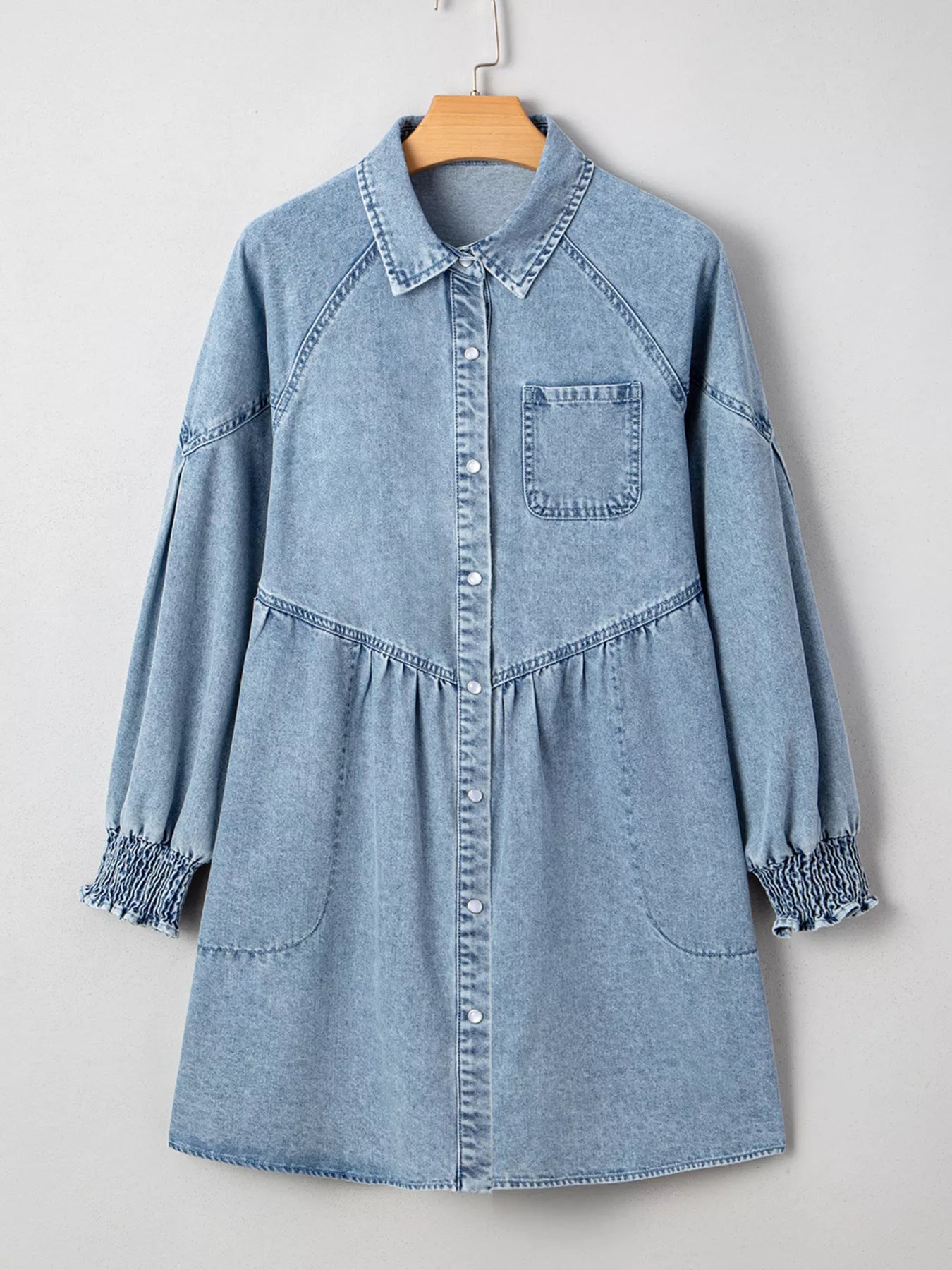 Smocked Cuffs Flared Denim Shirt Mini Dress - MAD RUFFI