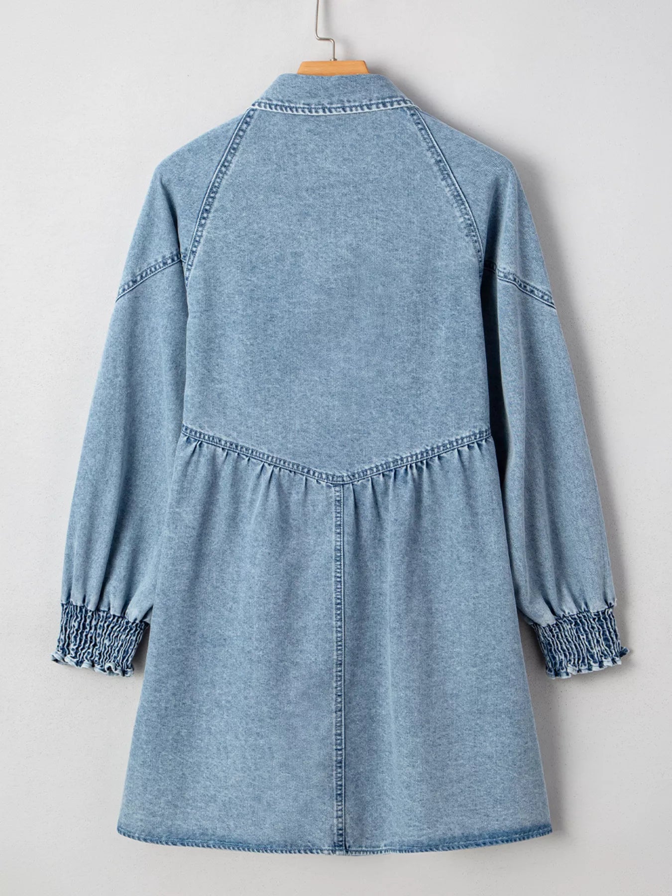 Smocked Cuffs Flared Denim Shirt Mini Dress - MAD RUFFI